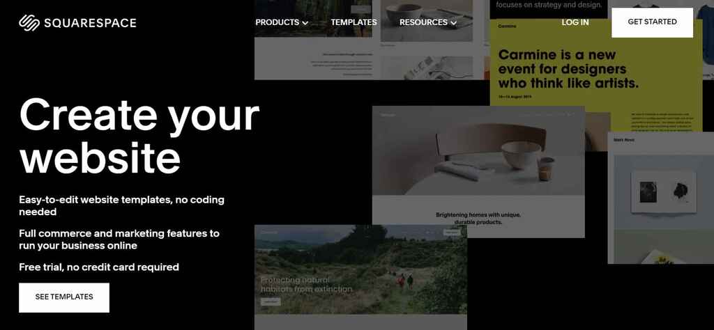 The homepage of Squarespace's website